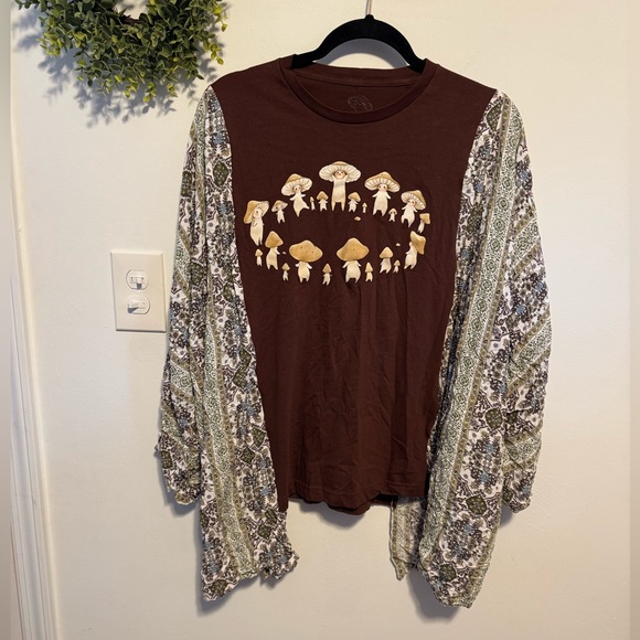 Upcycled Tops - Boho Handmade Brown Mushroom Graphic Top with Patterned Kimono Sleeves